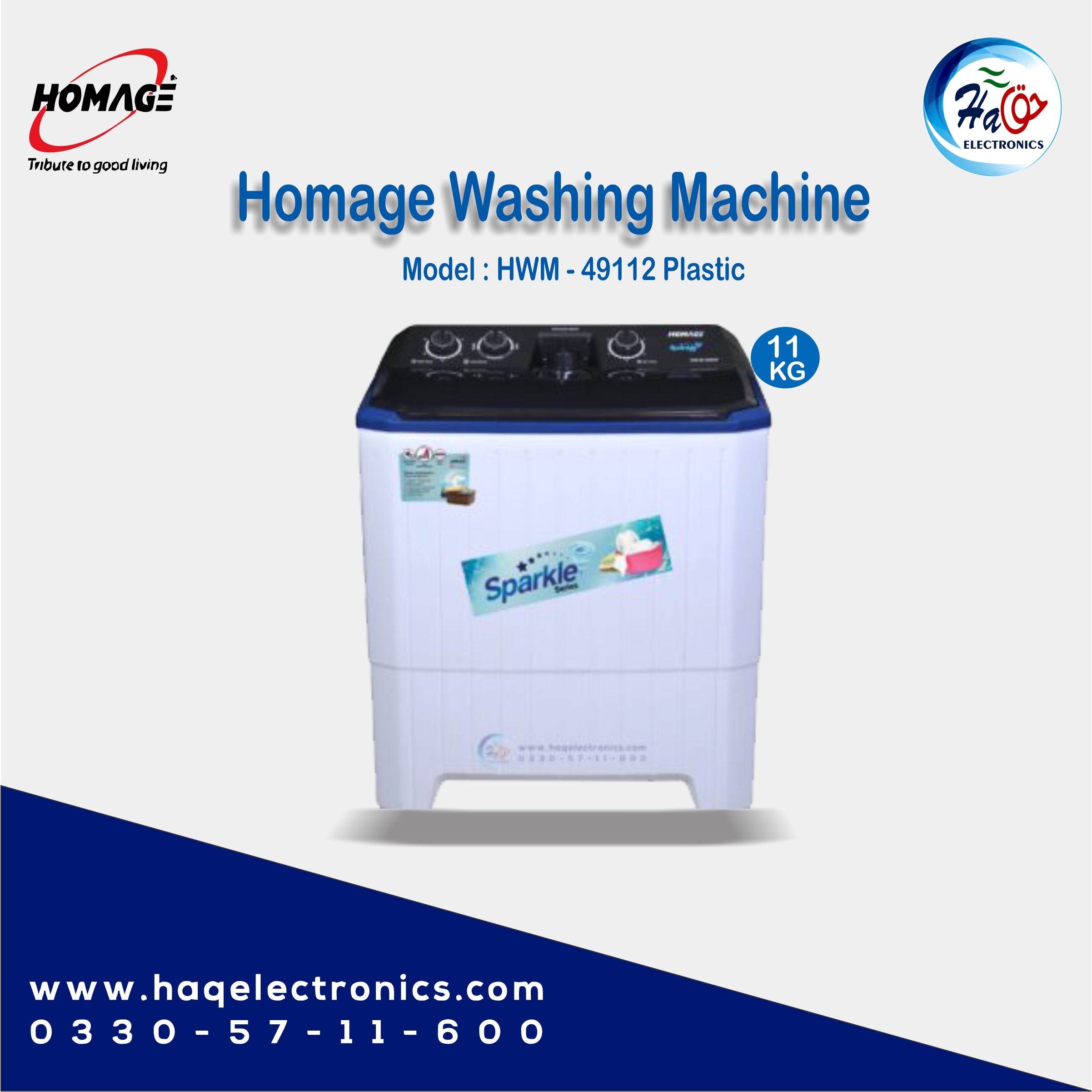 Homage Washing Machine HW-49112 Plastic 11 KG