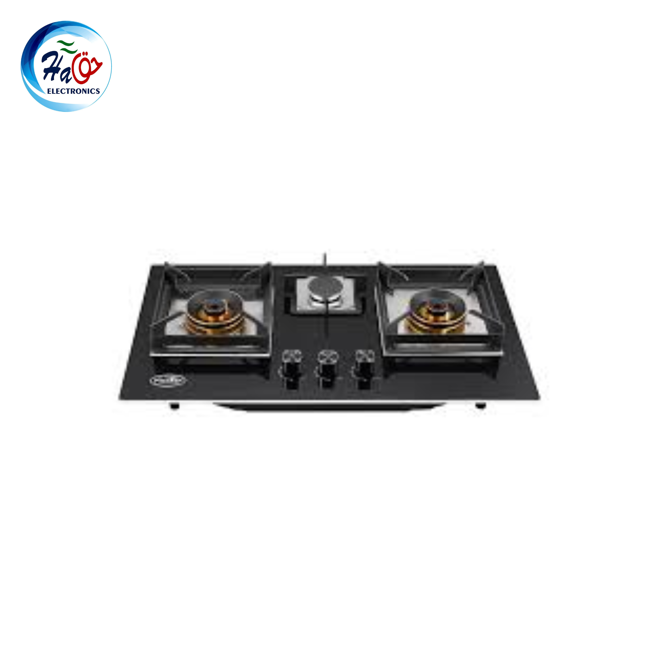 FISCHER HOB FBH G78 3CB built in gas hob with black tempered glass surface, three burners, and cast iron pan supports
