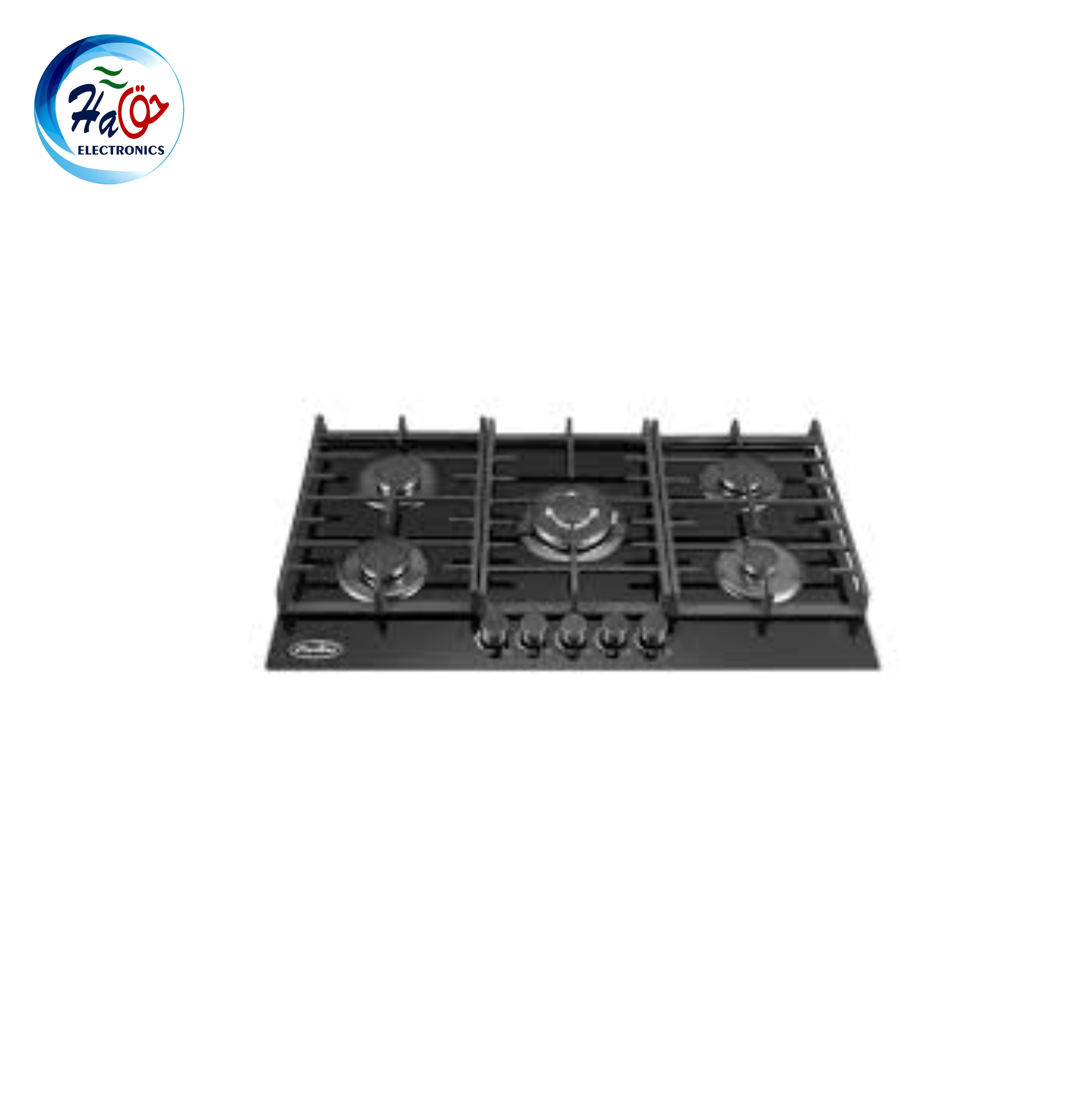 FISCHER HOB FBH G90 5SBF built in gas hob with black tempered glass surface, five SABAF burners, and cast iron pan supports