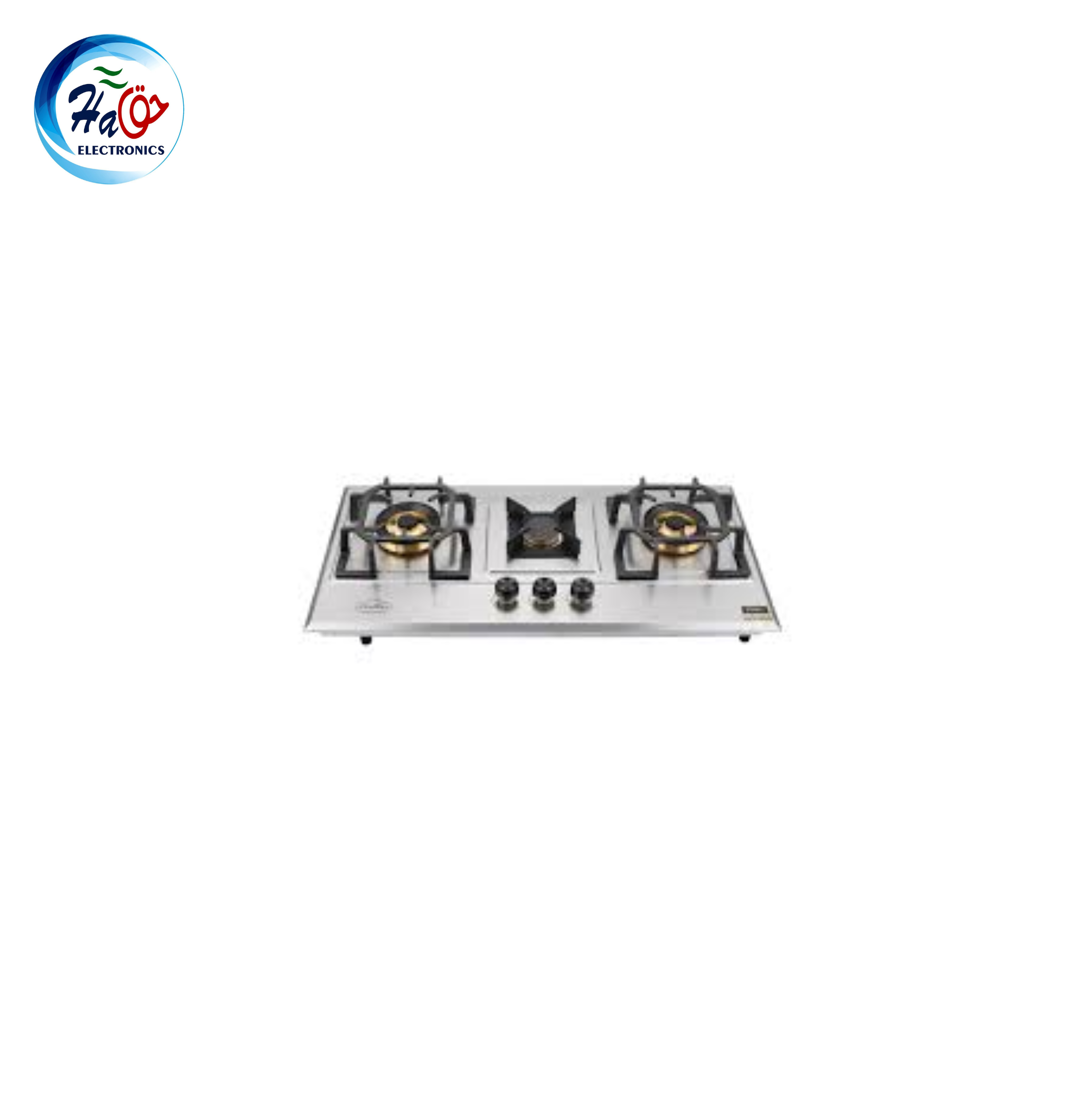 FISCHER HOB FBH SS86 3CB built in gas hob with stainless steel surface, three burners, and cast iron pan supports