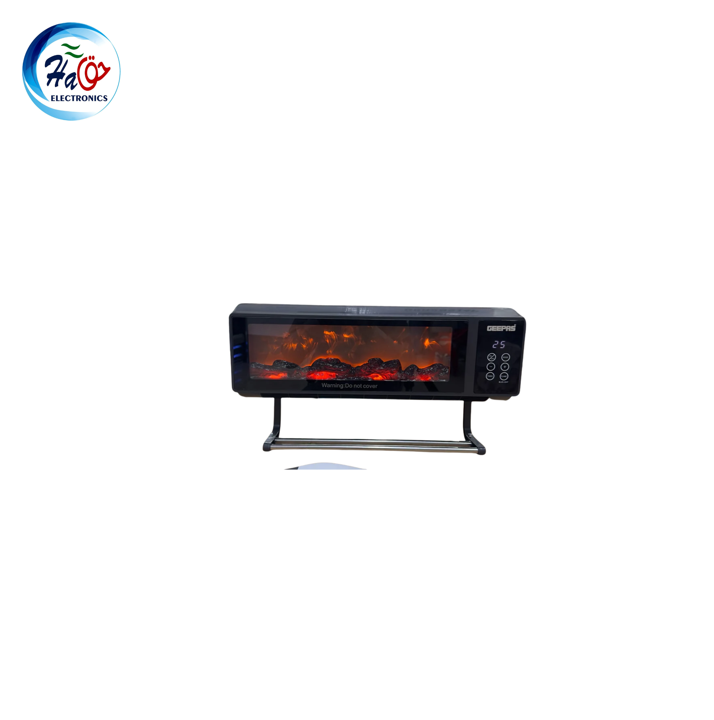 GEEPAS ELECTRIC HEATER 28514 wall mounted digital heater with tempered glass front, 3D flame effect, and touch display controls