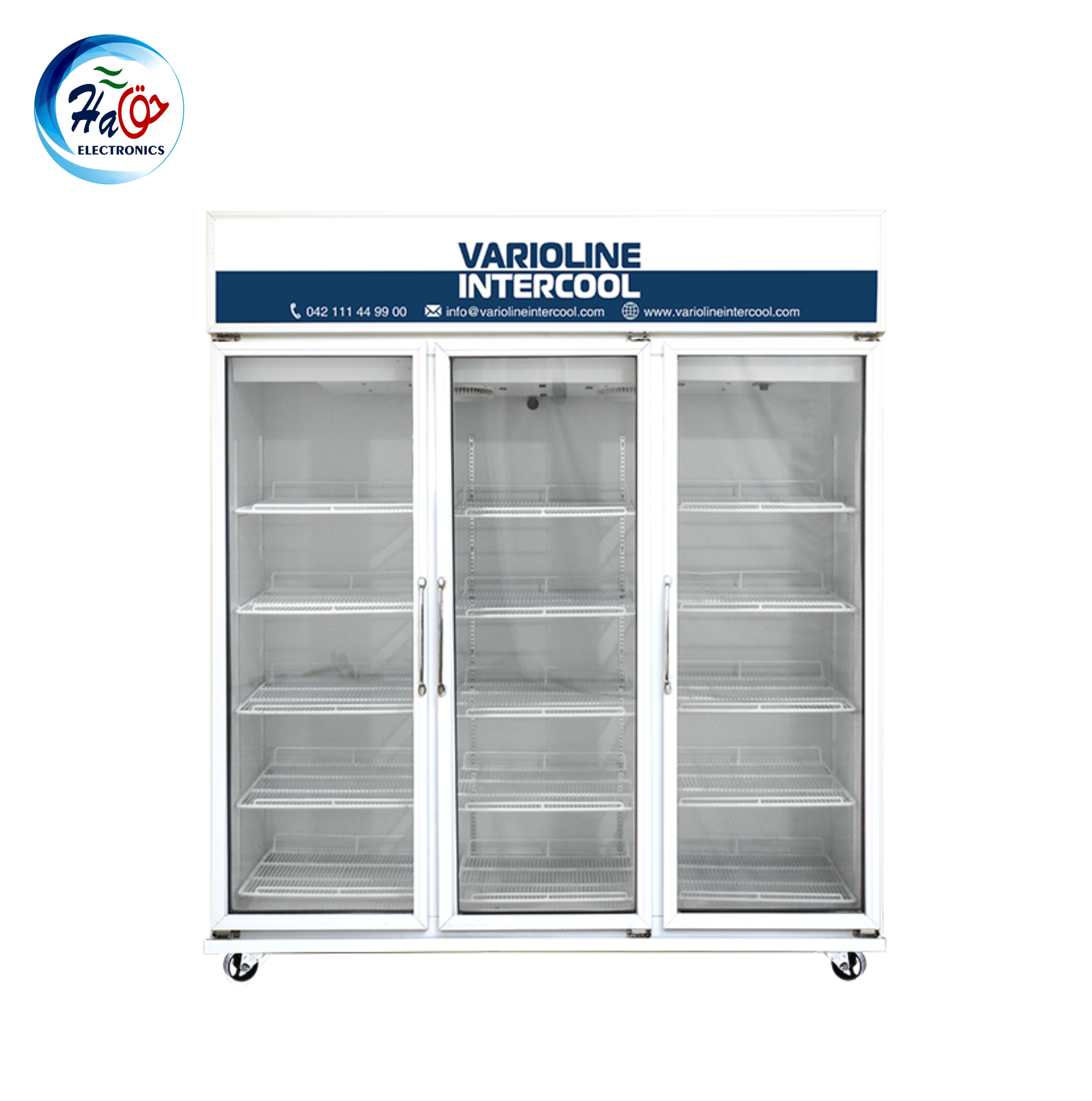 Varioline Intercool SVC-1500 AY white triple glass door commercial display chiller refrigerator with adjustable shelves for beverages dairy products and retail display