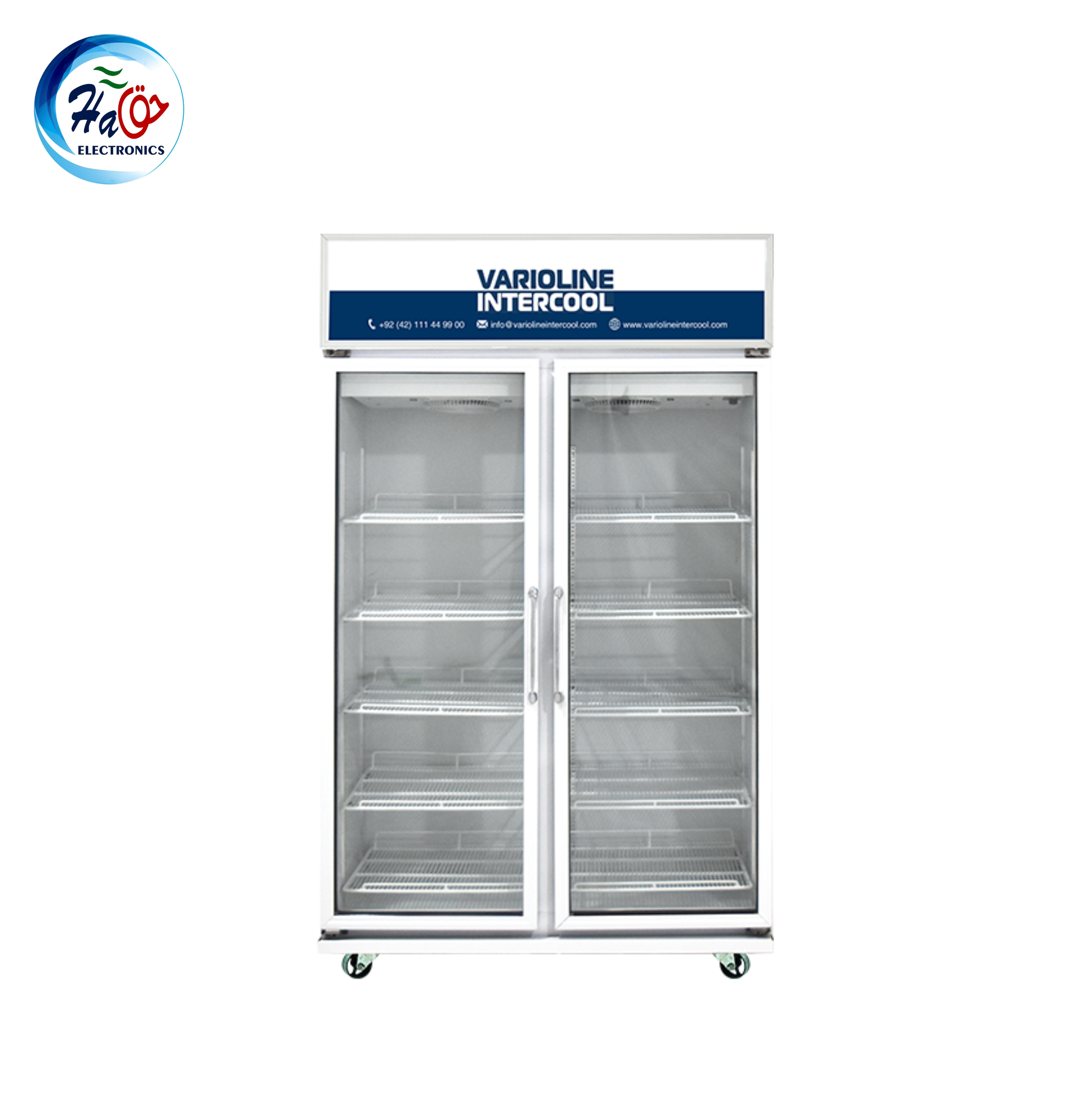 Varioline Intercool SVC-1000 AY white double glass door commercial display chiller refrigerator with adjustable shelves for beverages dairy products and retail display