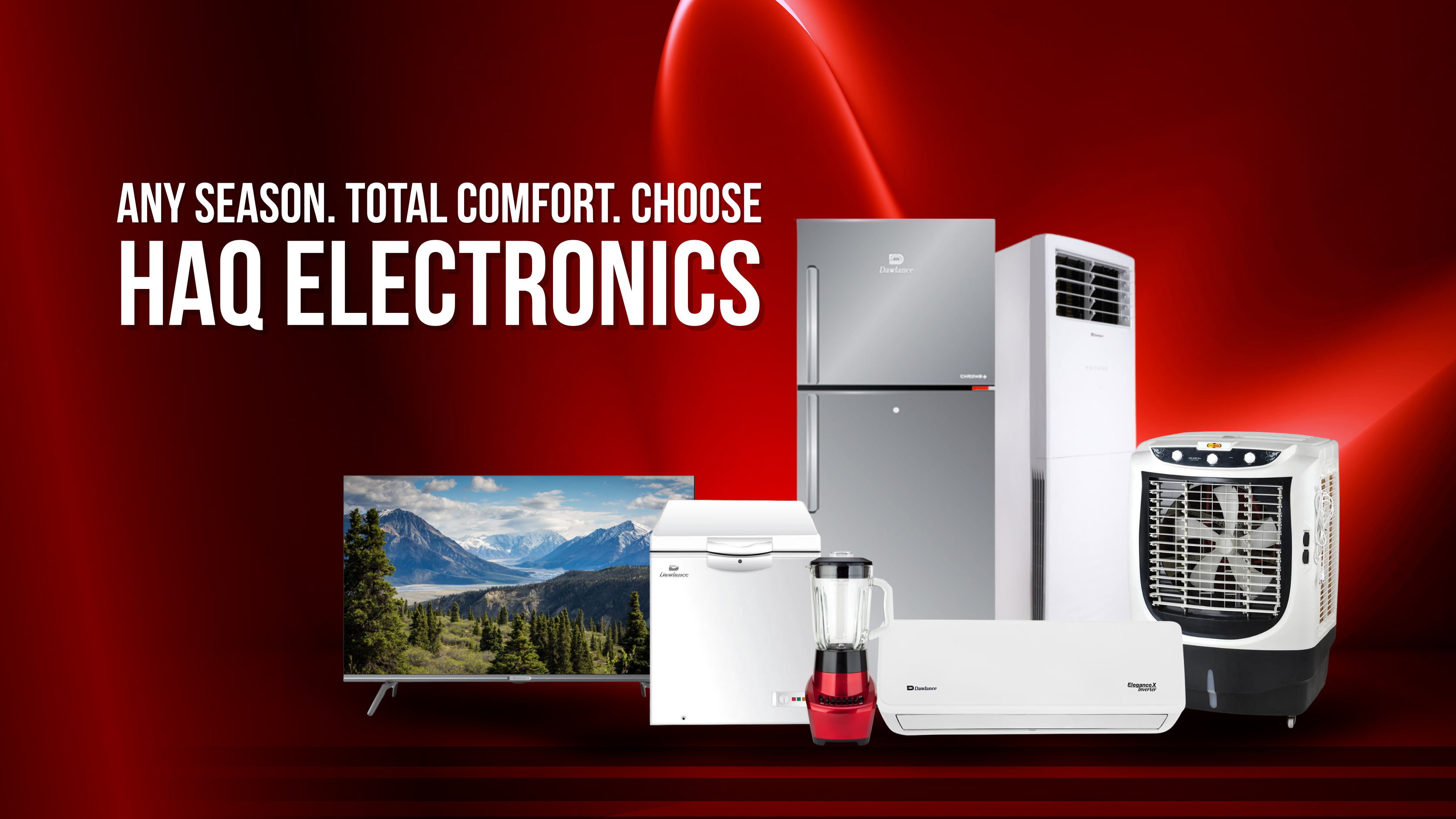 Haq Electronics red hero banner with home appliances